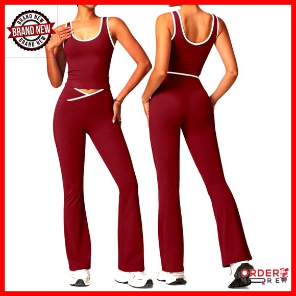 Tops - Workout Set with Flare Leggings and Crop Tank Top, Polyester Elastane Blend